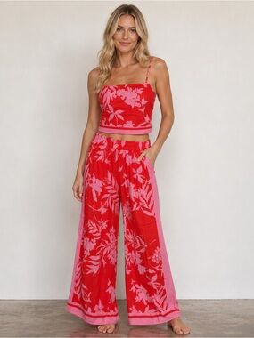 Sienna Sky Red & Pink Floral Cropped Cami with Wide Leg Pants Matching Set